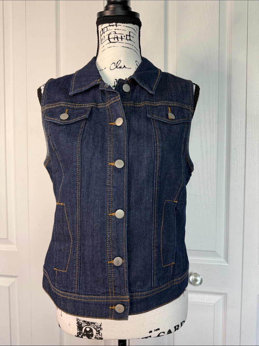 New York & Company Dark Blue Denim Sleeveless Jean Jacket